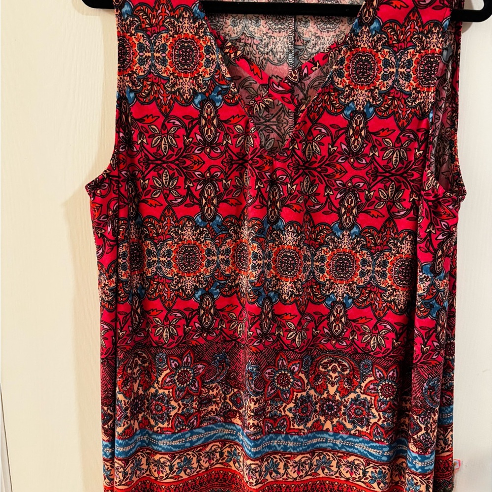 Avenue Red/Hot Pink and Blue Patterned Sleeveless Blouse